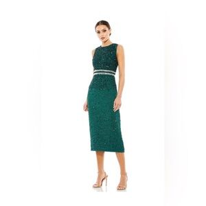 Mac Duggal 10509 Emerald Green Sleeveless High Neck Beaded Midi Sheath Dress 4
